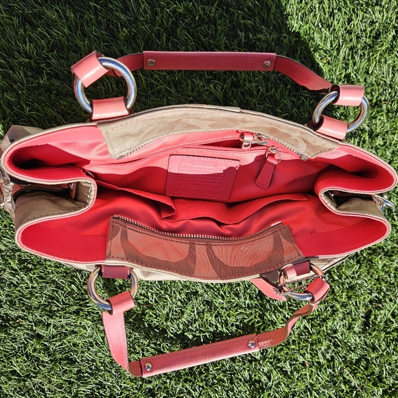 Coach Signature Canvas Shoulder Purse Satchel Neon Coral **WITH Coach Dust Bag** - Picture 11 of 16